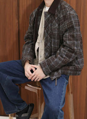Extfine冬季日系复古格纹毛呢加厚翻领棉服夹克外套男保暖棉衣