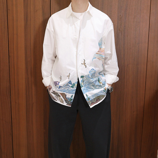 男宽松薄 衬衫 Extfine春秋国风山水大雁刺绣新中式 高级感翻领长袖