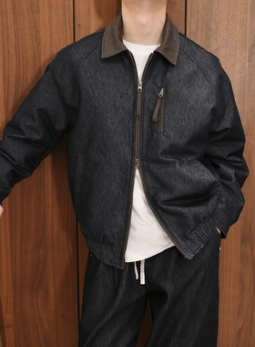 Extfine冬季日子单宁篮拼接皮领夹克羽绒外套男宽松保暖高级感