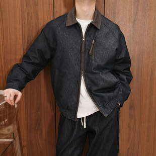 Extfine冬季日子单宁篮拼接皮领夹克羽绒外套男宽松保暖高级感