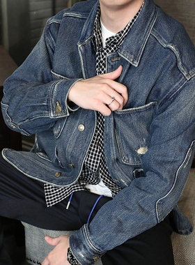 重磅水洗做旧破洞多口袋日本丹宁工装牛仔外套男高级感痞帅宽松