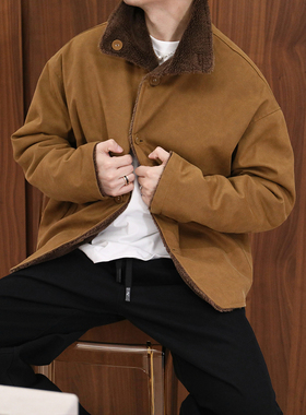 Extfine冬复古设计感双面穿立领羊羔毛夹克外套男宽松保暖加厚