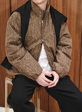 Extfine冬季树叶满印设计感90白鸭绒羽绒服立领夹克外套男宽松