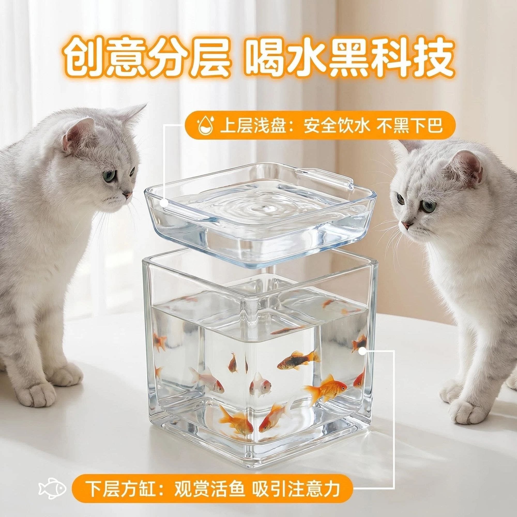 创意分层猫咪饮水器双层透明水盆安全饮水不黑下巴观赏活鱼