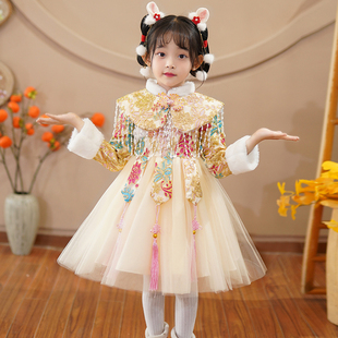 汉服女童加绒冬天裙子女宝加厚拜年服新款小女孩冬装儿童古风唐装