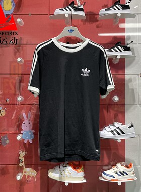 阿迪达斯三叶草男装2024夏三条杠纯棉复古百搭运动短袖T恤 IA4845