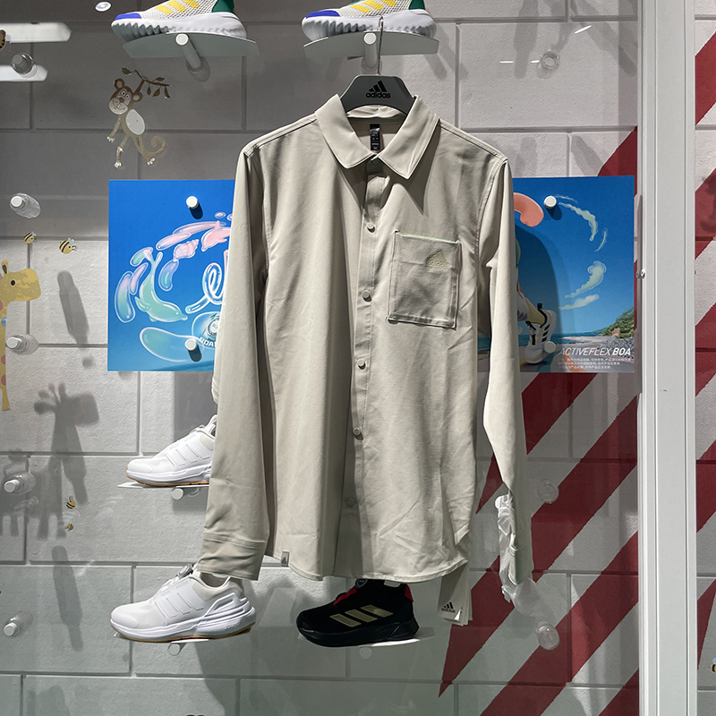 阿迪达斯男装2024春款速干透气复古翻领休闲长袖衬衫 JE8598 8599