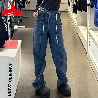阿迪达斯三叶草牛仔裤女2024秋款街头复古纯棉直筒运动长裤IW5758