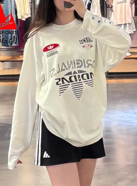 阿迪达斯三叶草男装2025秋赛车风宽松纯棉运动长袖T恤KH1200 1199