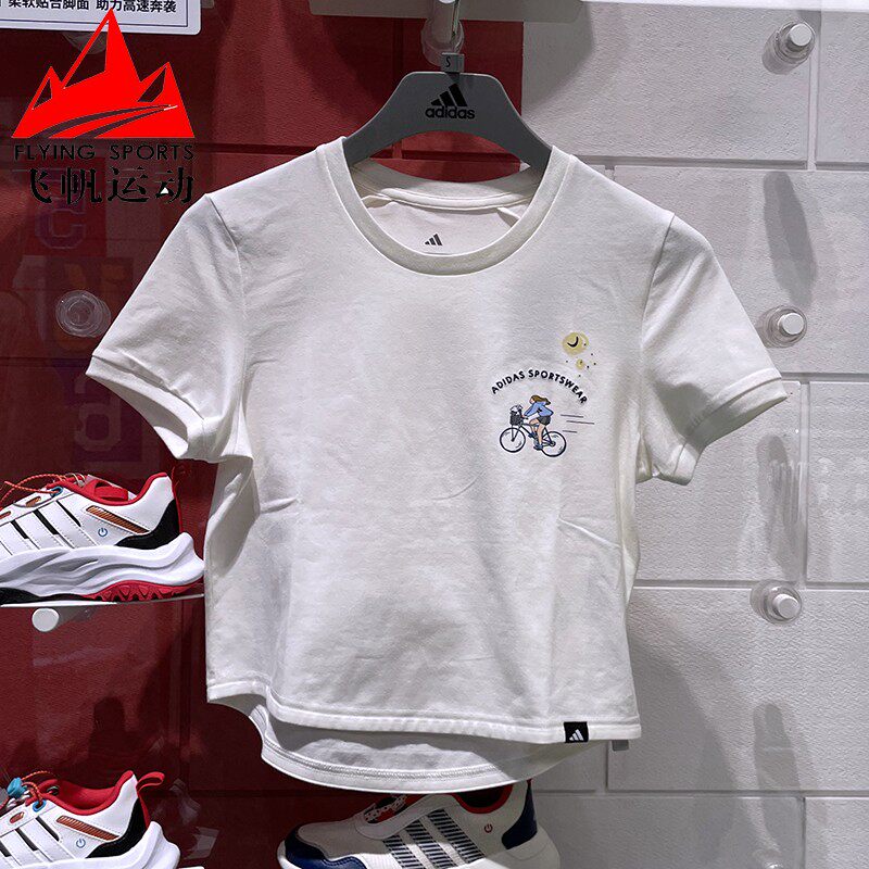 阿迪达斯女装2025夏时尚单车女孩印花纯棉运动休闲短袖T恤 JX5327