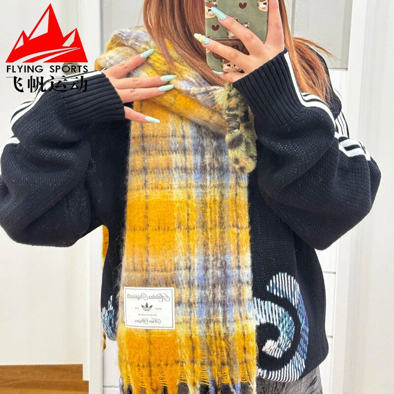 阿迪达斯男女同款围巾学院风千鸟格复古时尚保暖流苏围脖  KV6601
