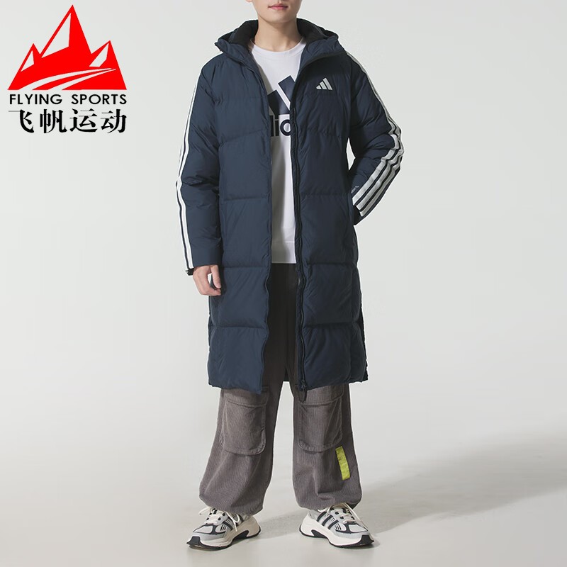阿迪达斯男装2025冬季新款运动长款防寒保暖宽松连帽羽绒服KC2499
