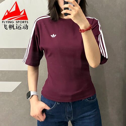 阿迪达斯三叶草女装2026夏三条纹针织修身休闲运动短袖T恤 KY5092