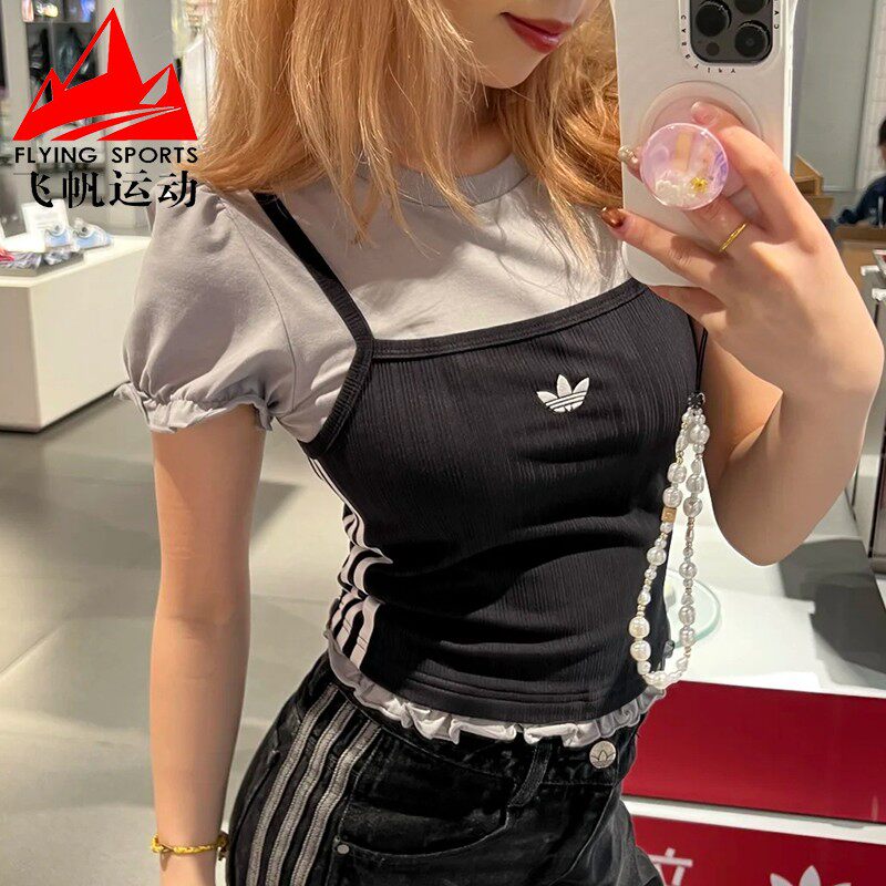 阿迪达斯三叶草女装2026夏季款时尚泡泡袖短款运动短袖T恤 KY3299