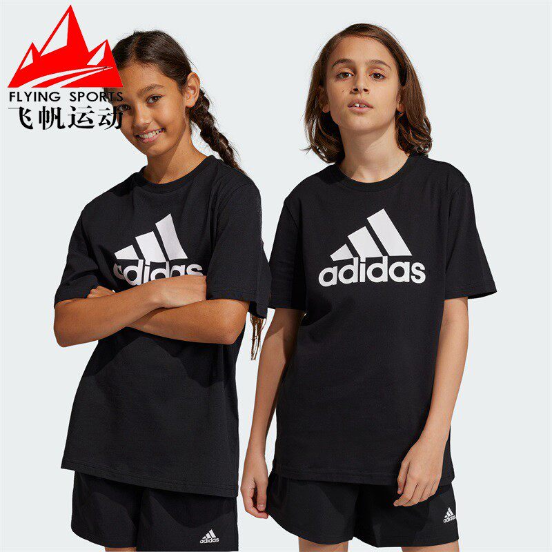 阿迪达斯童装2026夏季纯棉百搭圆领休闲运动短袖T恤IC6855 HR6379