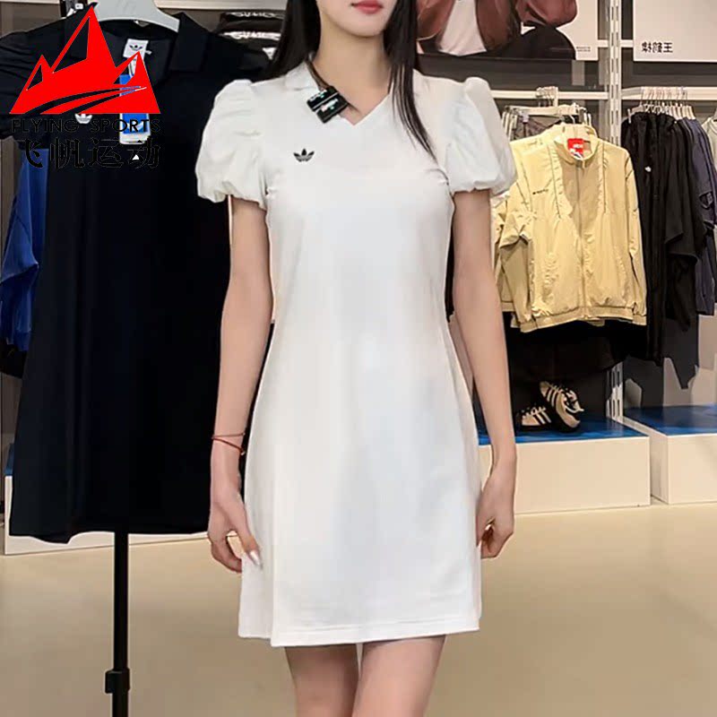 阿迪达斯三叶草女装2026夏季针织泡泡袖修身运动翻领连衣裙KE3437