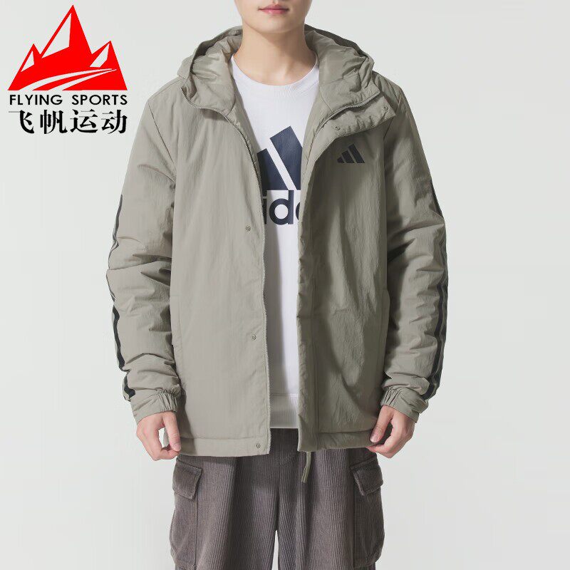 阿迪达斯男棉服2025冬季经典三条纹连帽保暖运动休闲外套JX5634