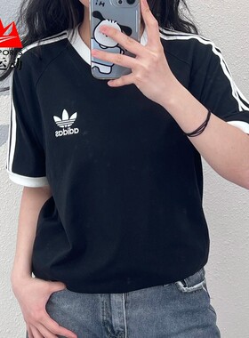 阿迪达斯三叶草男女装2026夏三条纹纯棉运动短袖T恤KB2459 KR0292