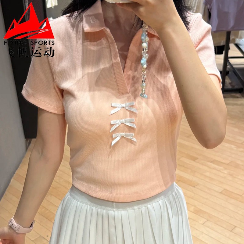 Nike耐克女装2025秋罗纹短款翻领蝴蝶结休闲运动POLO衫IM3393-664