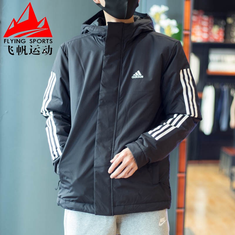 阿迪达斯三条纹防风连帽棉服外套