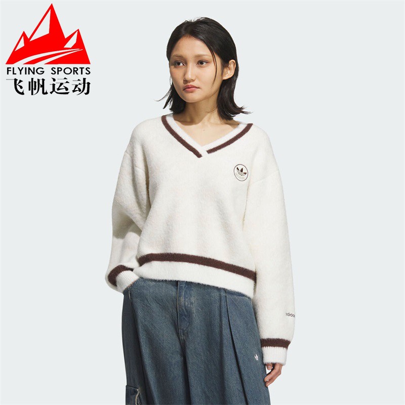 阿迪达斯三叶草女装2025冬千鸟格复古V领休闲运动针织毛衣 KC2687