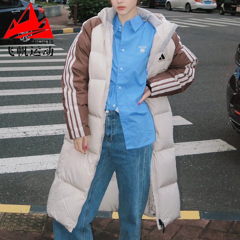 阿迪达斯羽绒服男2025冬季三条纹拒水防风撞色连帽运动外套KQ5495