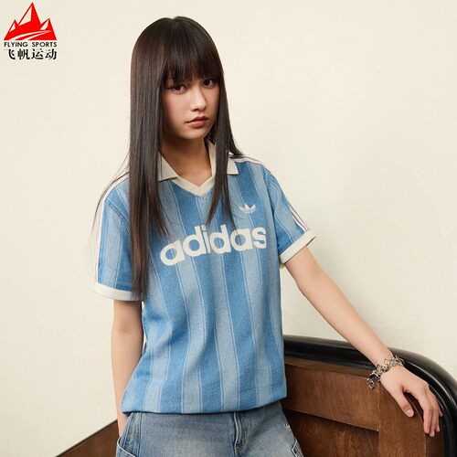 阿迪达斯三叶草女装2026夏球衣风宽松三条纹运动短袖POLO衫KD5448