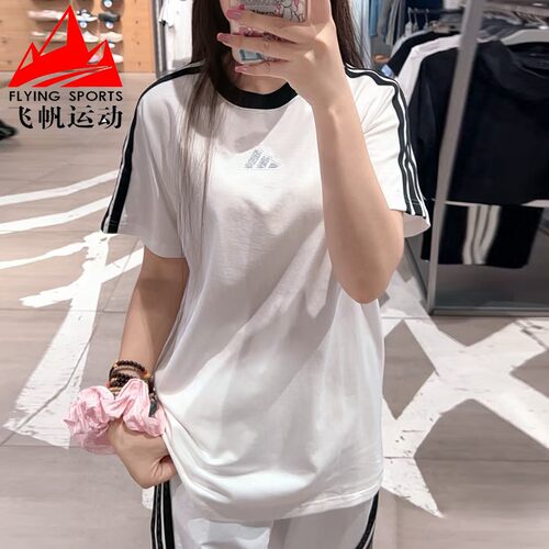 阿迪达斯女装2026夏季纯棉三条纹宽松休闲运动短袖T恤KB7759 7760