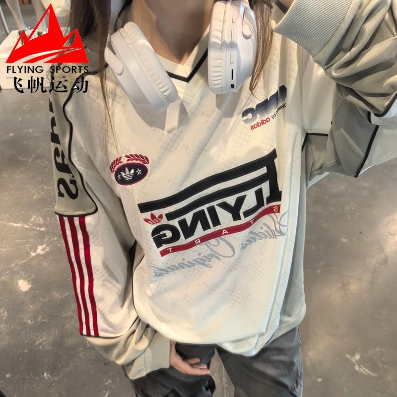 阿迪达斯男子2026秋复古赛车风宽松撞色V领运动长袖T恤上衣LD6500