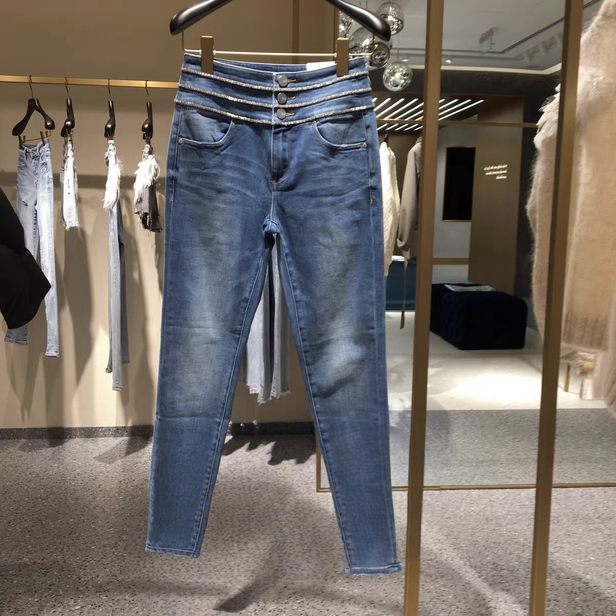 专柜直发2021冬季高腰羊绒牛仔裤