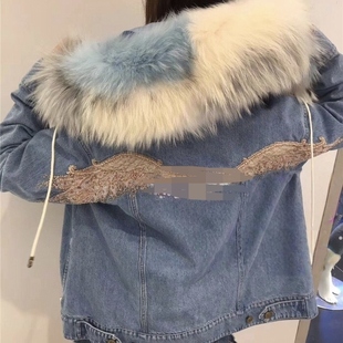 专柜直发天使钉花连帽毛领宽松牛仔皮草外套女M 694FJ3550000