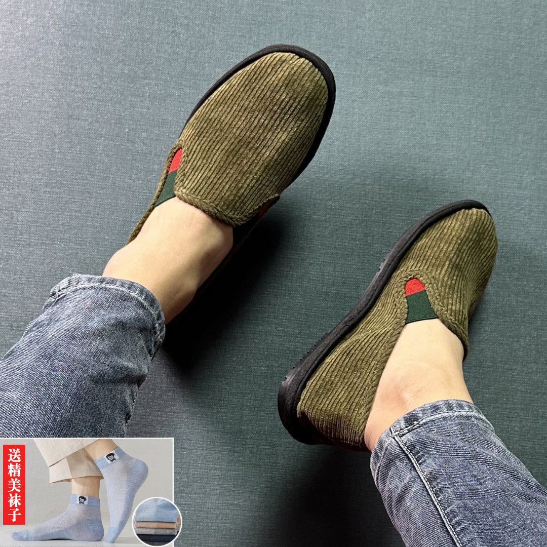 春季新款老北京布鞋男鞋时尚灯芯绒开车布鞋一脚蹬舒适软底懒人鞋