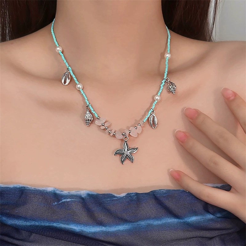 蓝色串珠海星贝壳项链女甜美小众气质设计高级脖子项饰女夏季新款