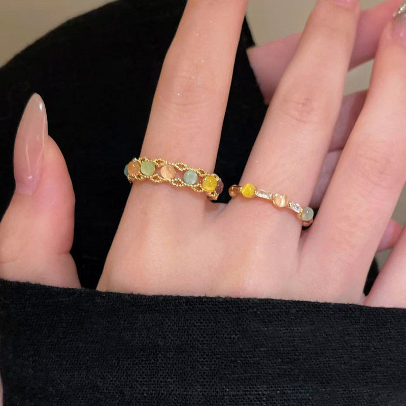 指上霓虹~彩色猫眼石戒指女新款小众设计轻奢食指戒独特时尚指环