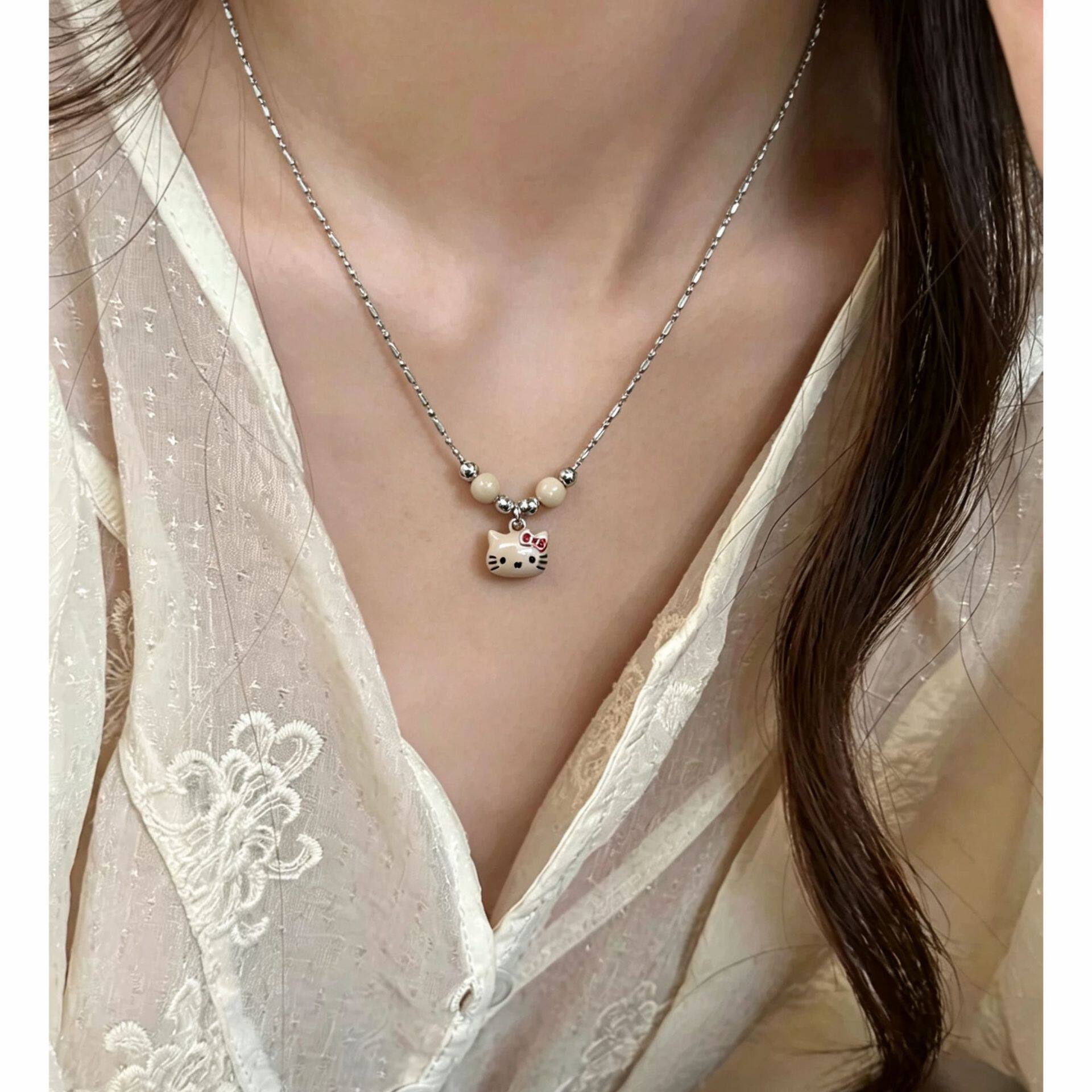 韩系可爱卡通KT猫咪吊坠钛钢项链女甜酷小众美拉德风不掉色锁骨链
