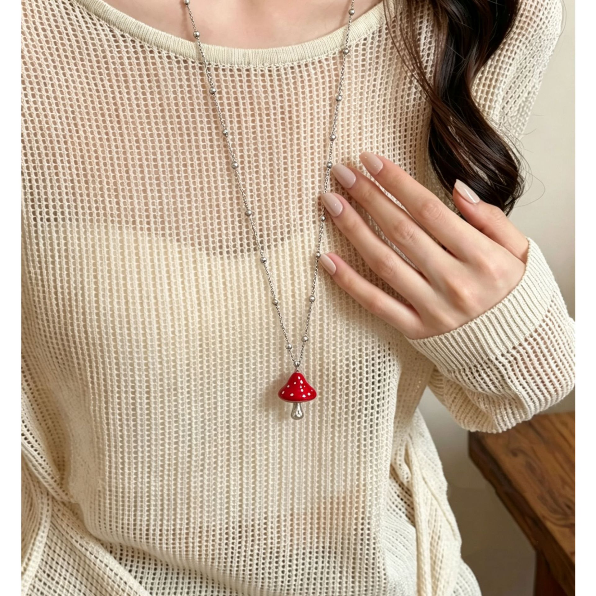 可爱童趣立体蘑菇钛钢项链女甜酷小众高级感长款不掉色卫衣毛衣链