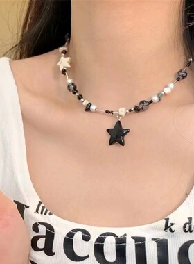 黑色星星串珠项链女Y2K小众甜酷风辣妹锁骨链轻奢高级设计感颈链