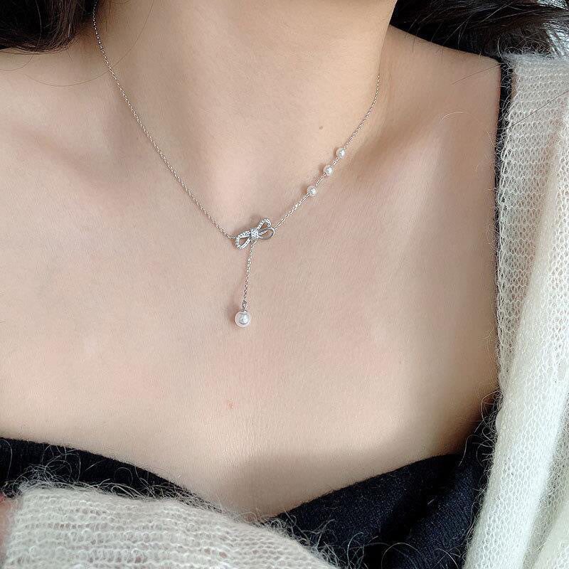 蝴蝶结珍珠项链女ins日韩轻奢小众设计锁骨链微镶流苏吊坠送女友