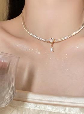 法式赫本风晚宴闪亮锁骨链choker性感迷人项链轻奢高级感珍珠颈链