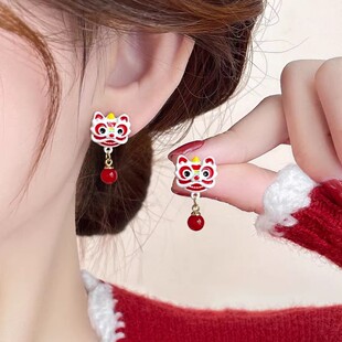 红色醒狮新中式国风新年氛围感耳环马上有钱红色独特气质高级耳饰