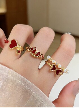 2026马年开运戒指女轻奢复古蝴蝶结开口戒本命年红色限定款食指戒