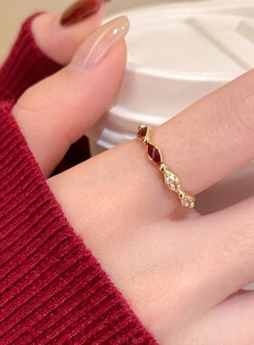 新中式红色滴釉开口戒指女小众设计叠戴食指戒超好看独特漂亮指环