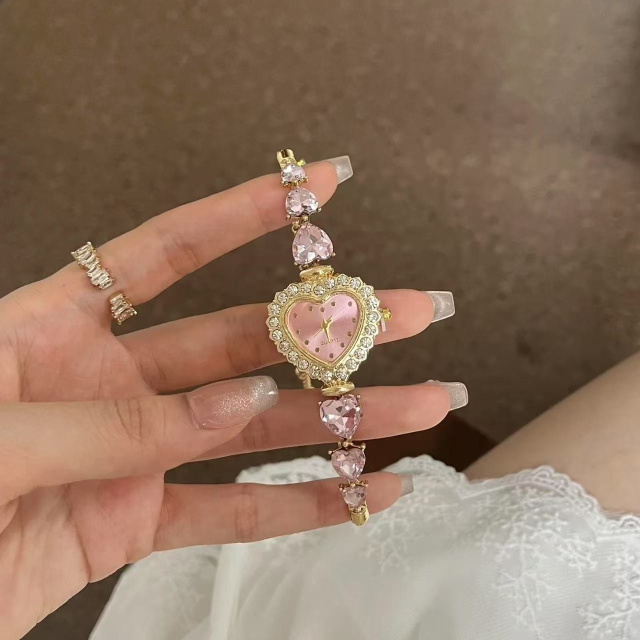 超闪粉钻爱心手表链小众设计感抽拉可调节手链轻奢时尚高级感手饰