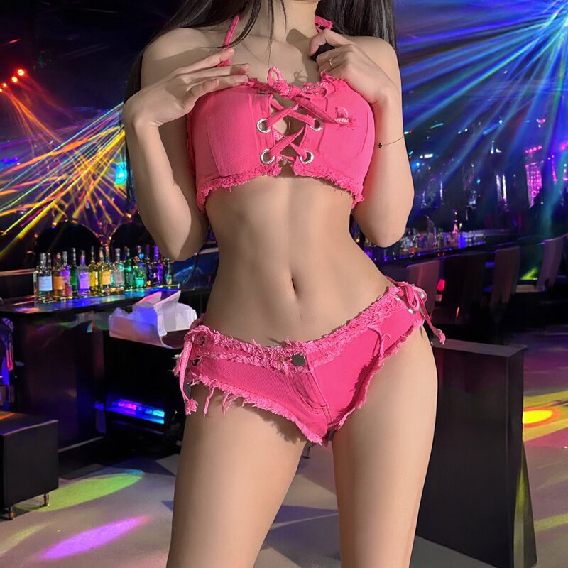 夜店钢管舞演出牛仔裤比基尼套装