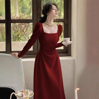 红色长袖连衣裙女春季法式订婚礼服新娘敬酒服平时可穿红裙子长裙