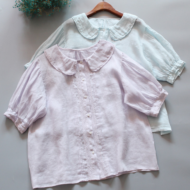 夏季新款甜美娃娃领短袖苎麻薄款衬衫宽松拼接蕾丝花边显瘦上衣