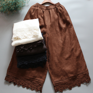 春秋新款 休闲裤 有内衬阔腿裤 复古松紧腰拼接重工花边全亚麻直筒裤