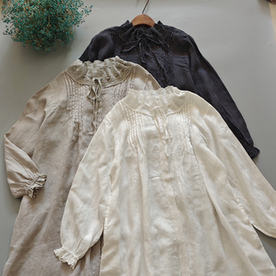 日系复古文艺风蕾丝花边系带领暗扣长款亚麻宽松连衣裙大袍子