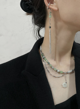 隐青山新中式玉石项链耳夹套装