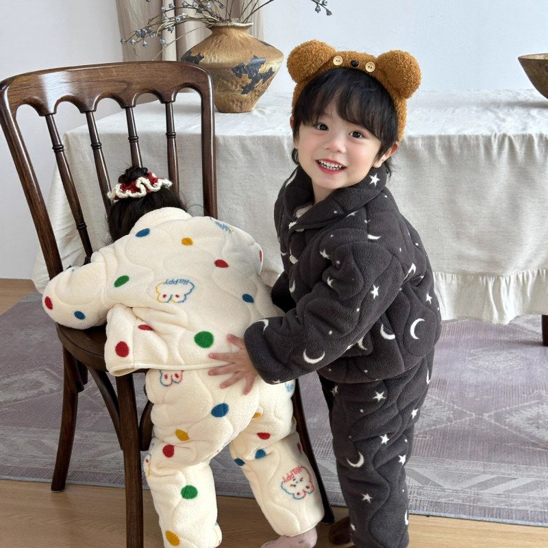 儿童三层夹棉睡衣加绒加厚宝宝中小童软绵绵家居服男女童睡衣套装